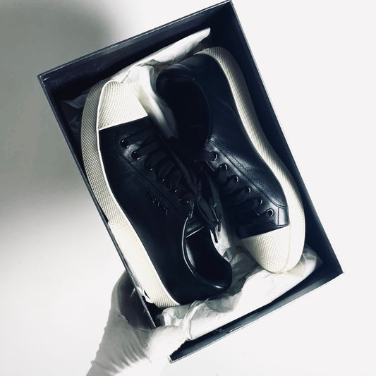 Prada Black / White Monogram Logo Smooth Leather Lace Up Sneakers Shoes