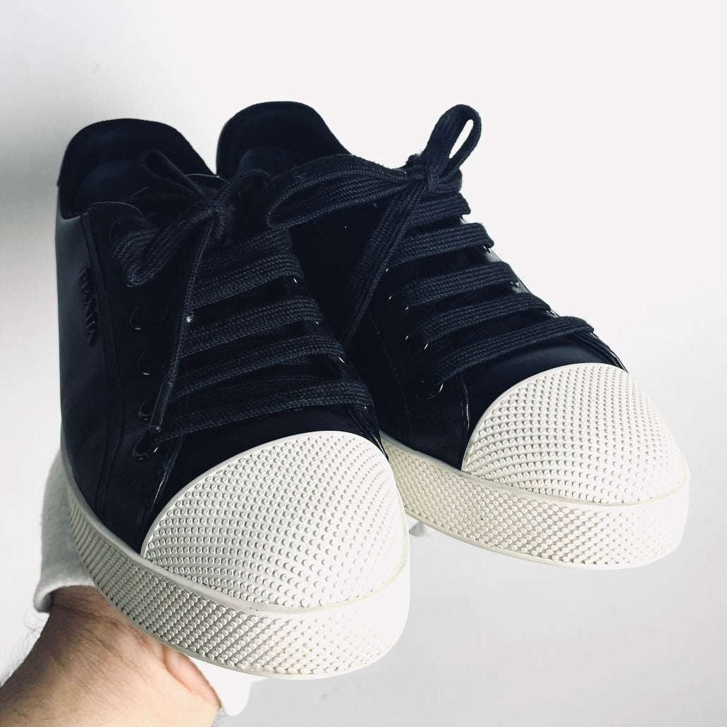 Prada Black / White Monogram Logo Smooth Leather Lace Up Sneakers Shoes