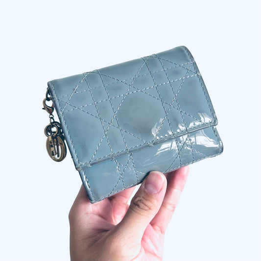 Christian Dior CD Lady Dior Cloud Blue GHW Cannage Quilted Patent Monogram Logo Charms Flap Compact Trifold Wallet