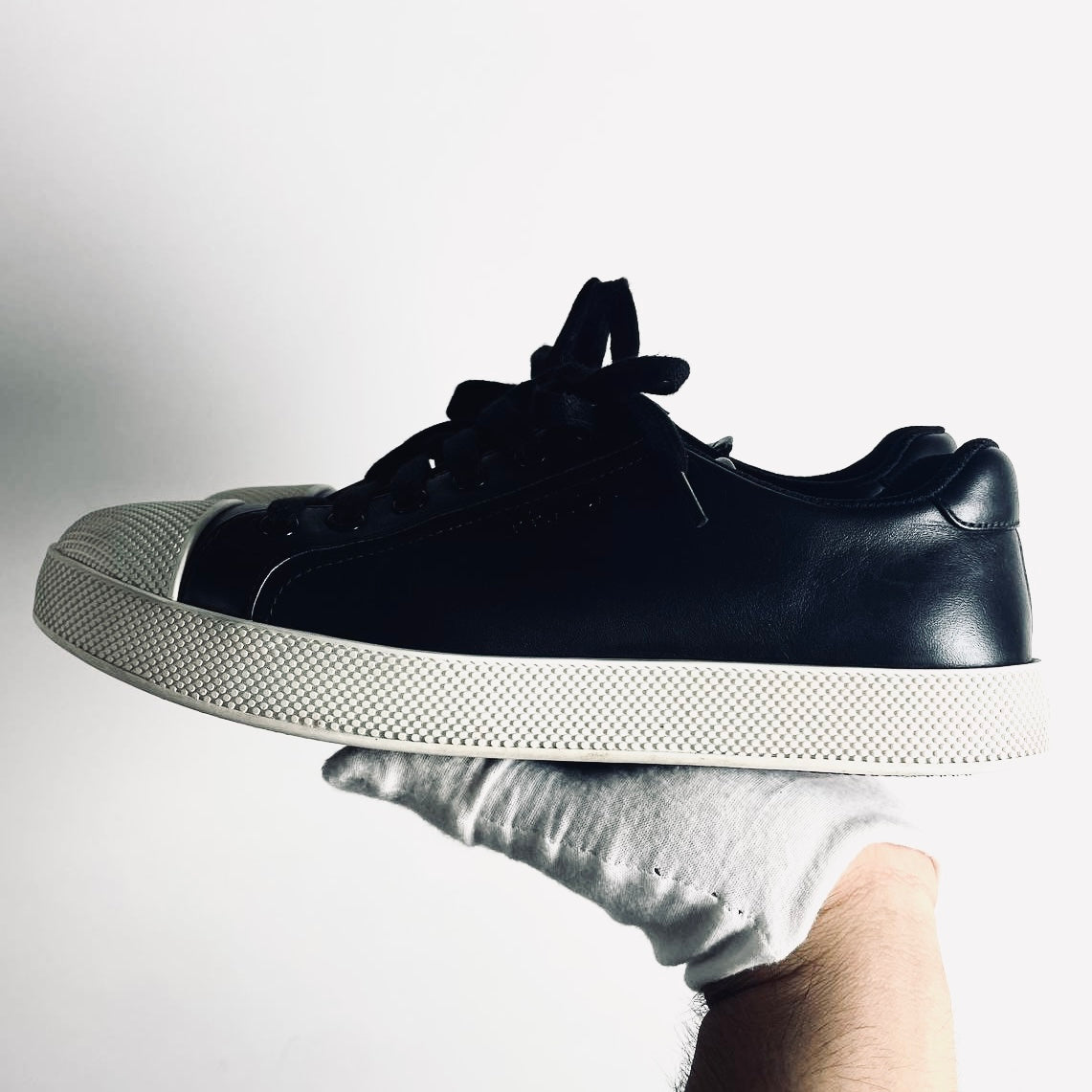 Prada Black / White Monogram Logo Smooth Leather Lace Up Sneakers Shoes