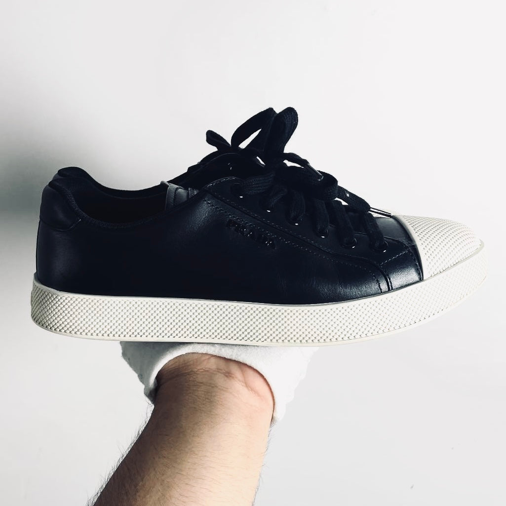 Prada Black / White Monogram Logo Smooth Leather Lace Up Sneakers Shoes