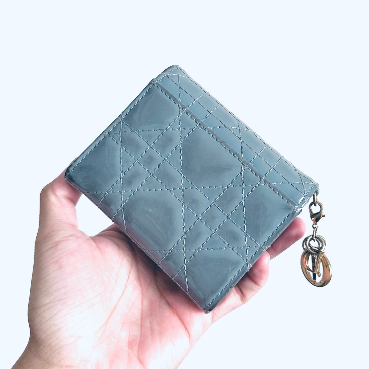 Christian Dior CD Lady Dior Cloud Blue GHW Cannage Quilted Patent Monogram Logo Charms Flap Compact Trifold Wallet