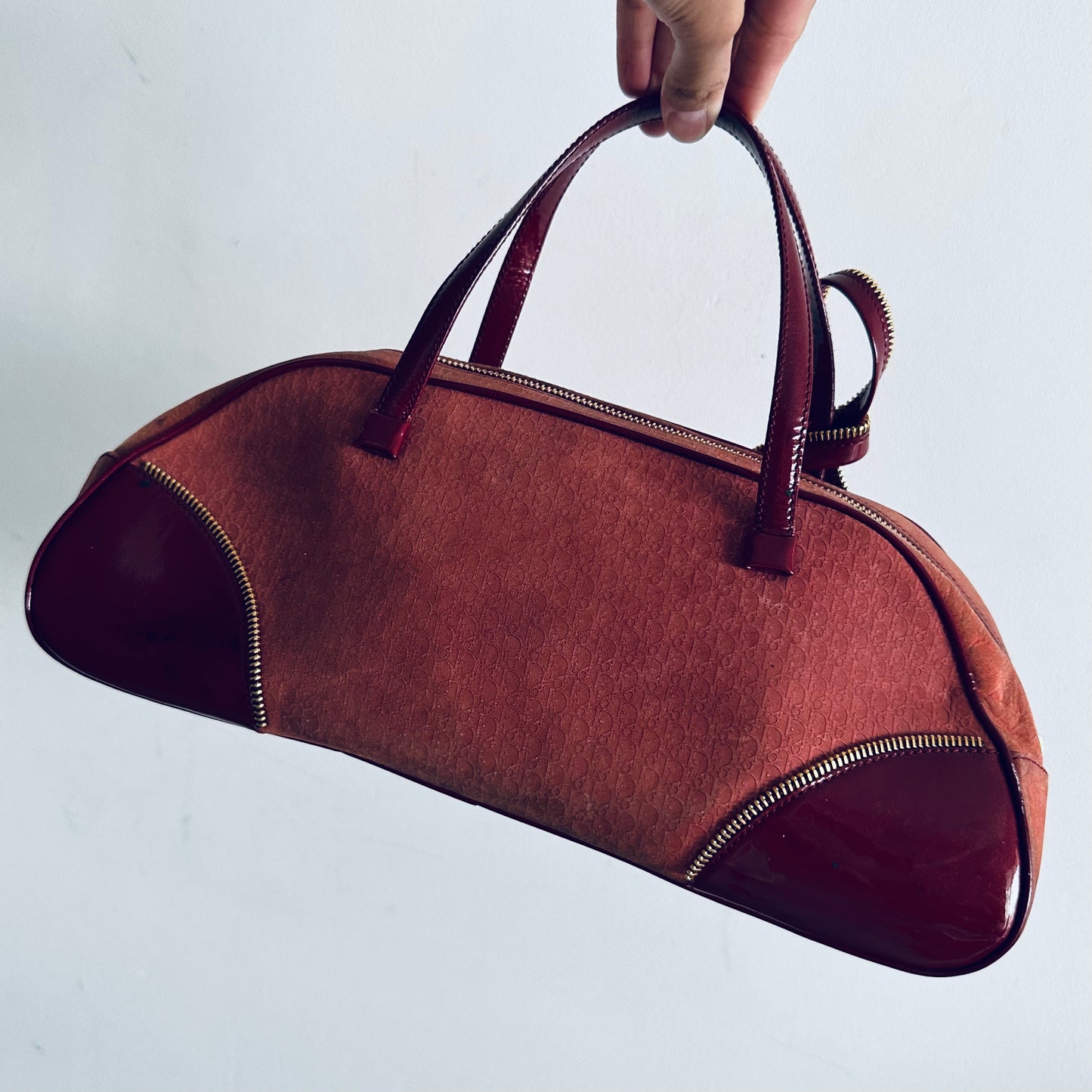 Christian Dior CD Red GHW Suede & Patent Leather Oblique Monogram Logo Zip Boston Bowling Shoulder Bag