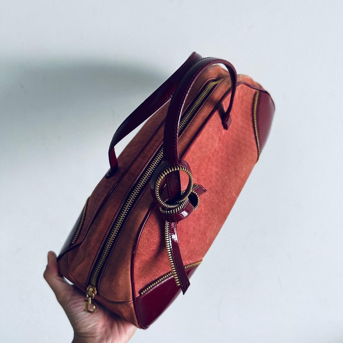 Christian Dior CD Red GHW Suede & Patent Leather Oblique Monogram Logo Zip Boston Bowling Shoulder Bag