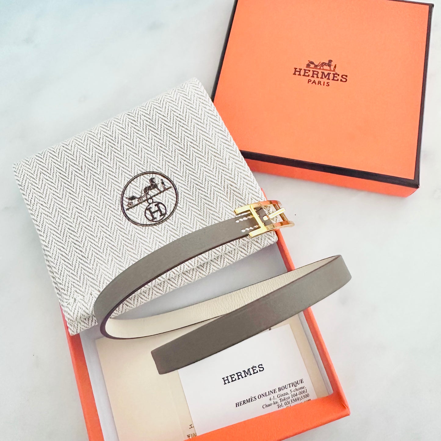 Hermes Etoupe / Nata GHW Reversible Behapi Double Tour Smooth Leather Bracelet