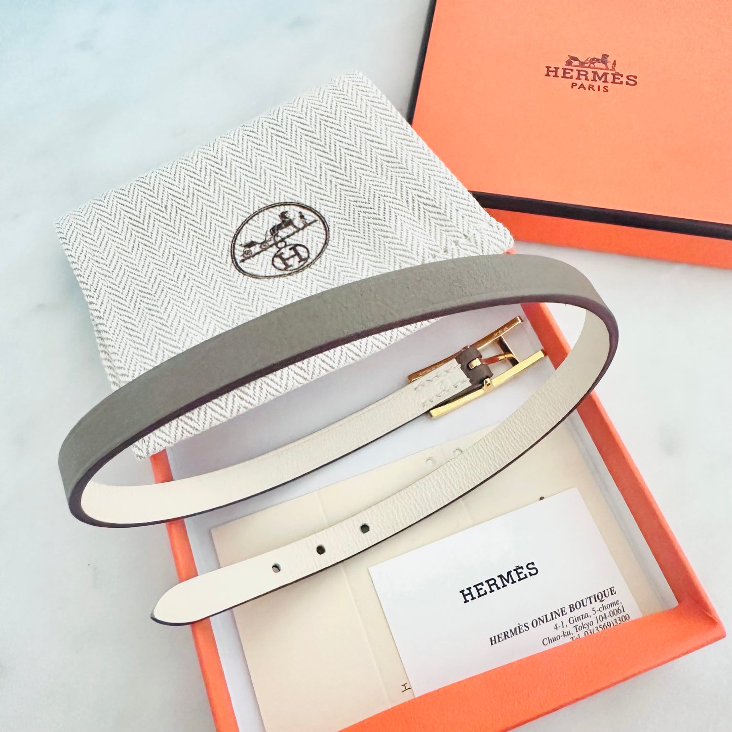 Hermes Etoupe / Nata GHW Reversible Behapi Double Tour Smooth Leather Bracelet