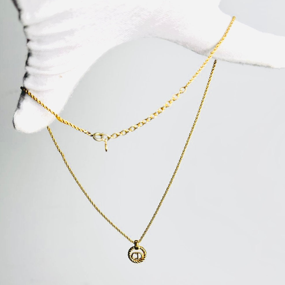Christian Dior Gold Monogram Logo CD Spiral Pendant Chain Vintage Necklace