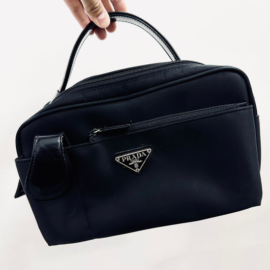 Prada Black Tessuto Classic Monogram Logo Utility Toiletry Top Handle Bag