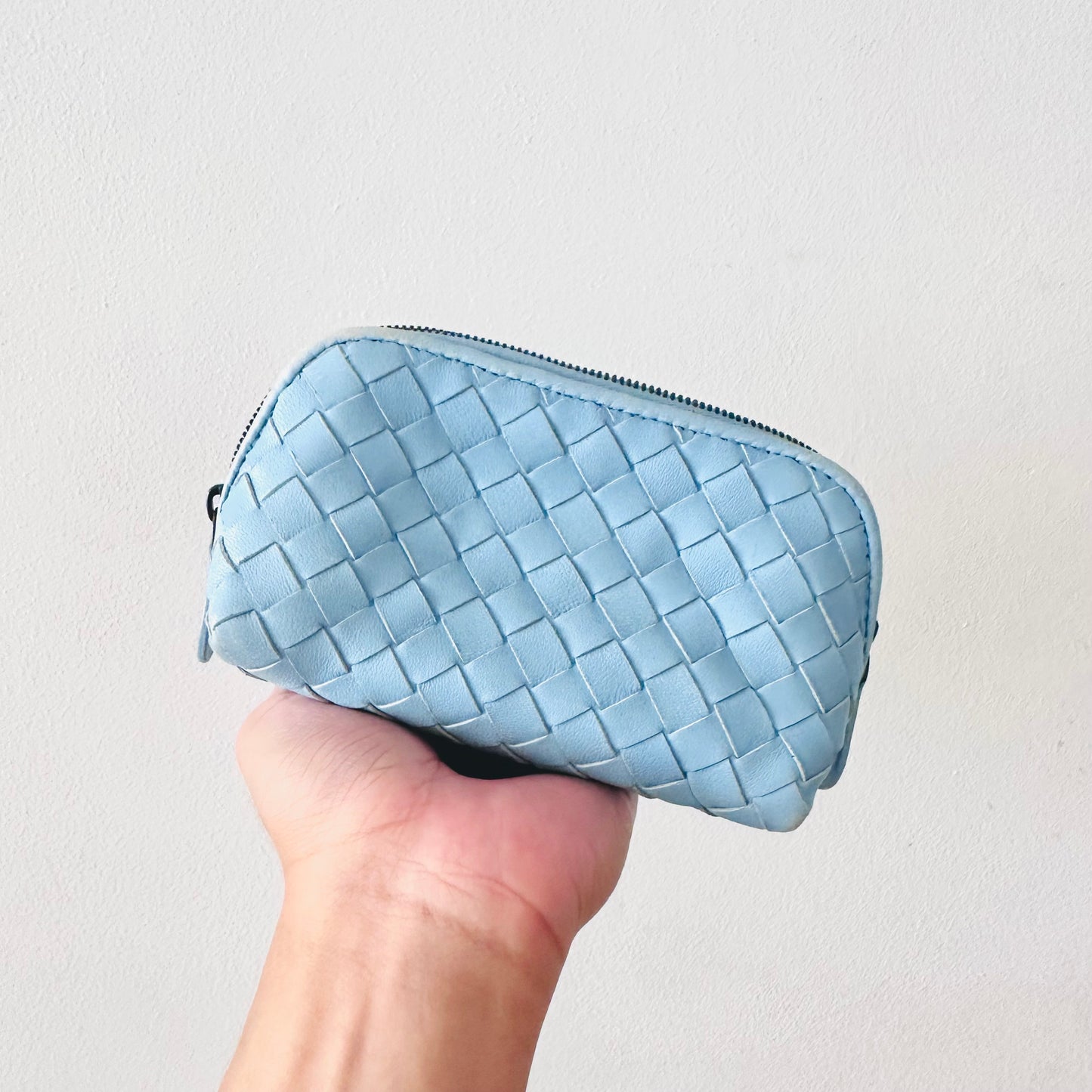 Bottega Veneta BV Sky Blue Intrecciato Nappa Woven Leather Zip Cosmetic Toiletry Pouch Clutch Case