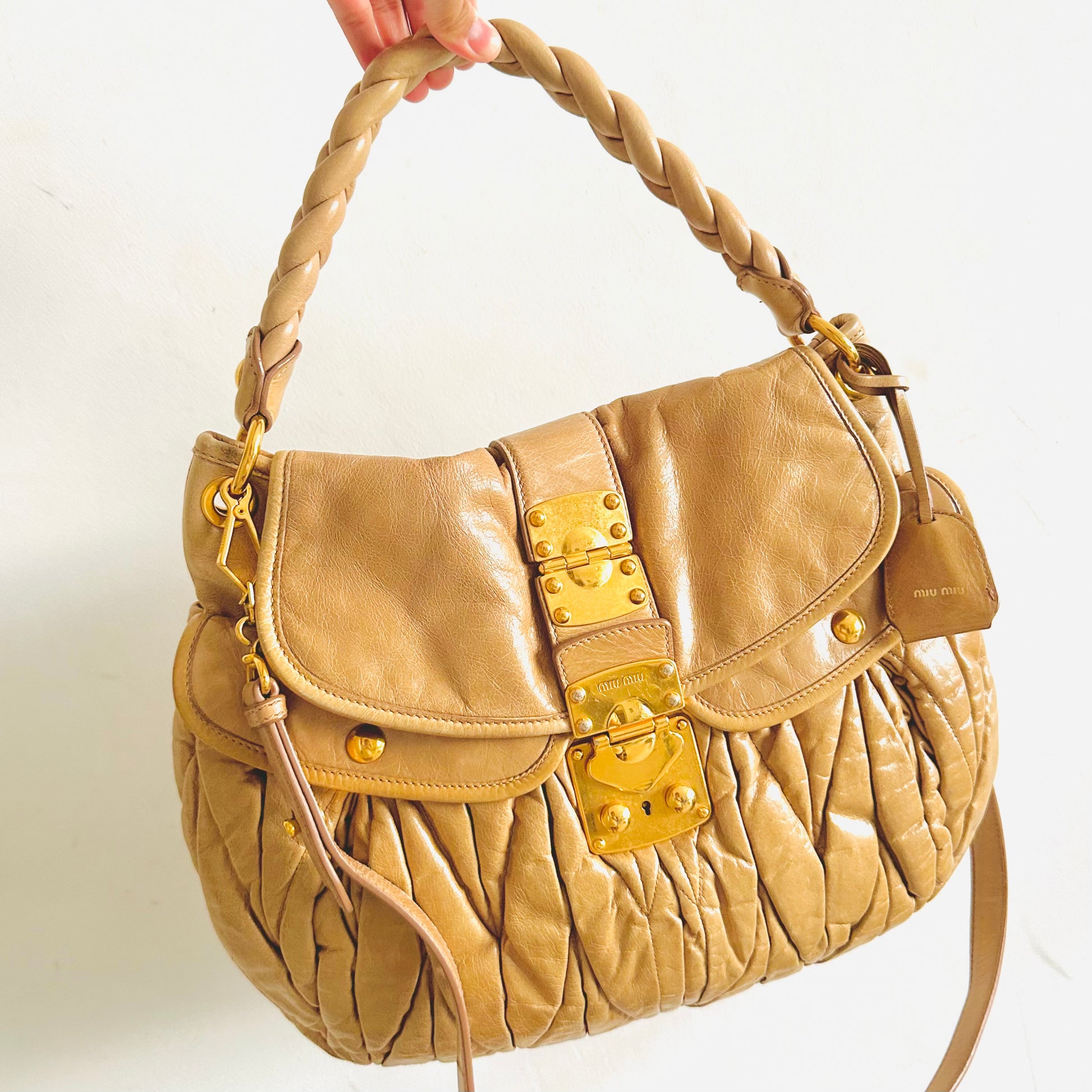 Miu Miu Beige GHW Matelasse Lux Leather Classic Logo 2-Way