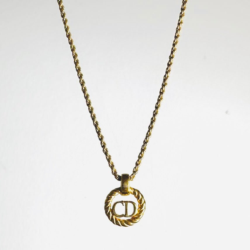 Christian Dior Gold Monogram Logo CD Spiral Pendant Chain Vintage Necklace