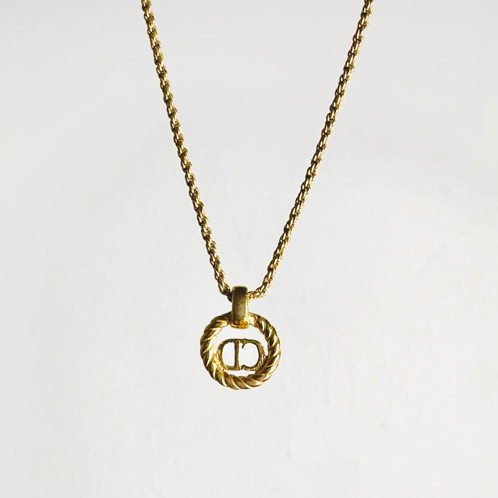 Christian Dior Gold Monogram Logo CD Spiral Pendant Chain Vintage Necklace