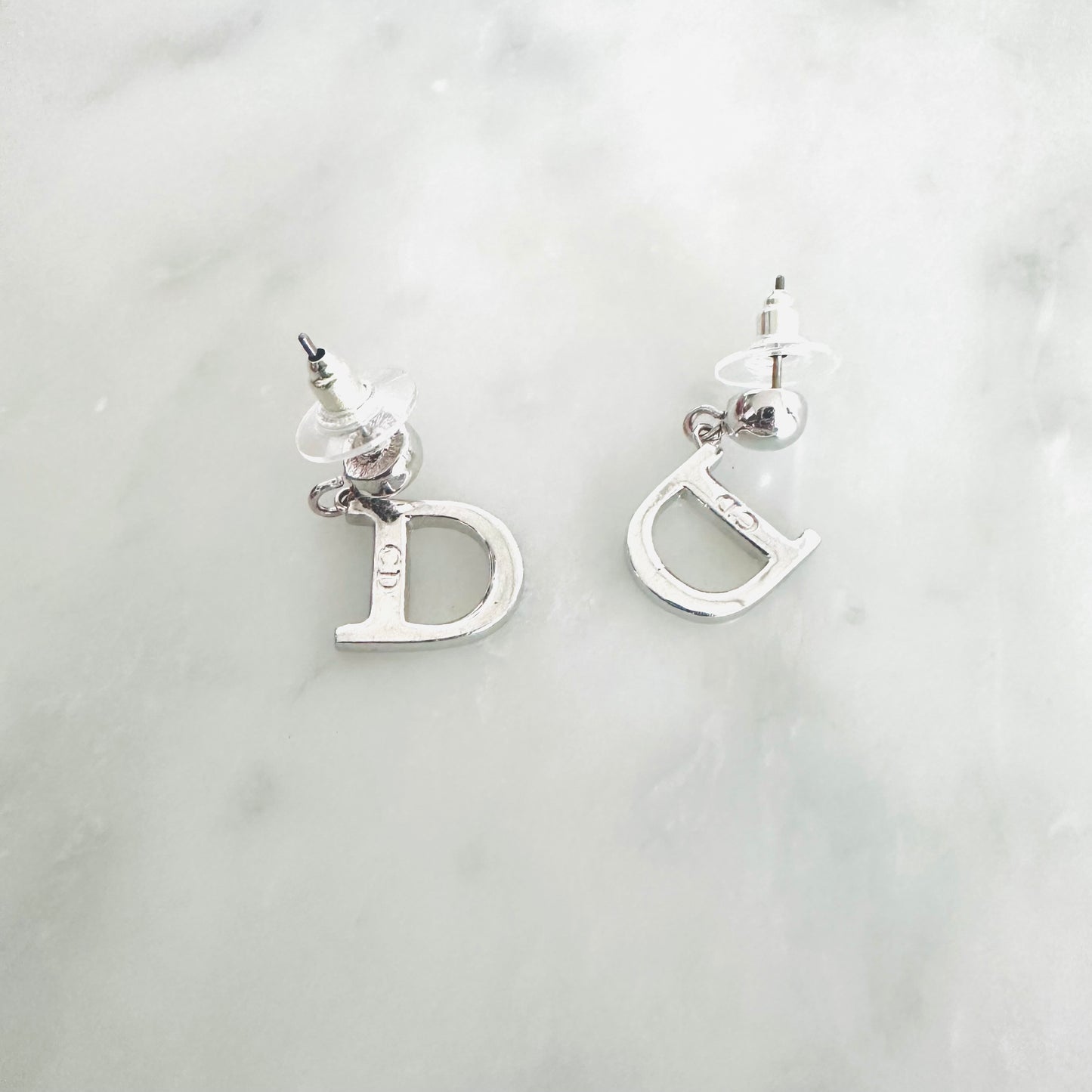 Christian Dior CD Silver Monogram Logo Dangling Stud Earrings