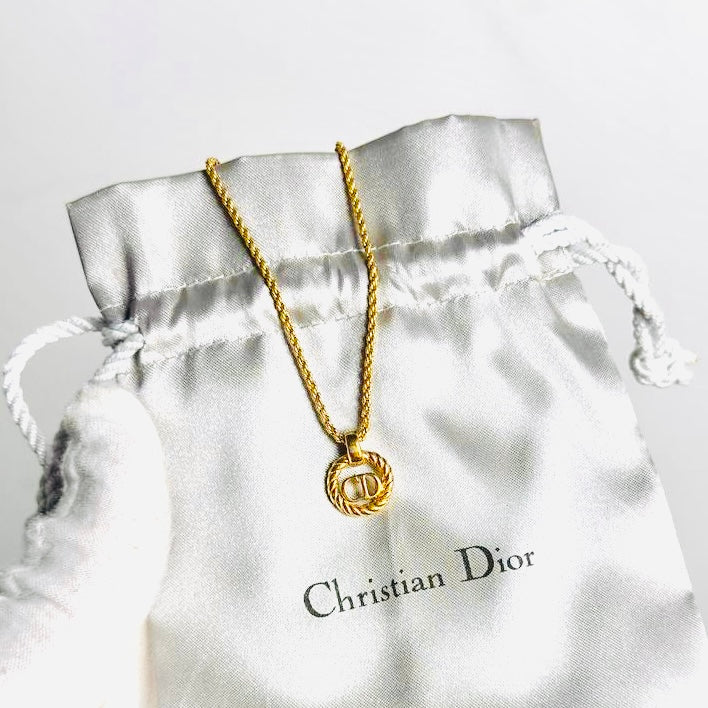 Christian Dior Gold Monogram Logo CD Spiral Pendant Chain Vintage Necklace