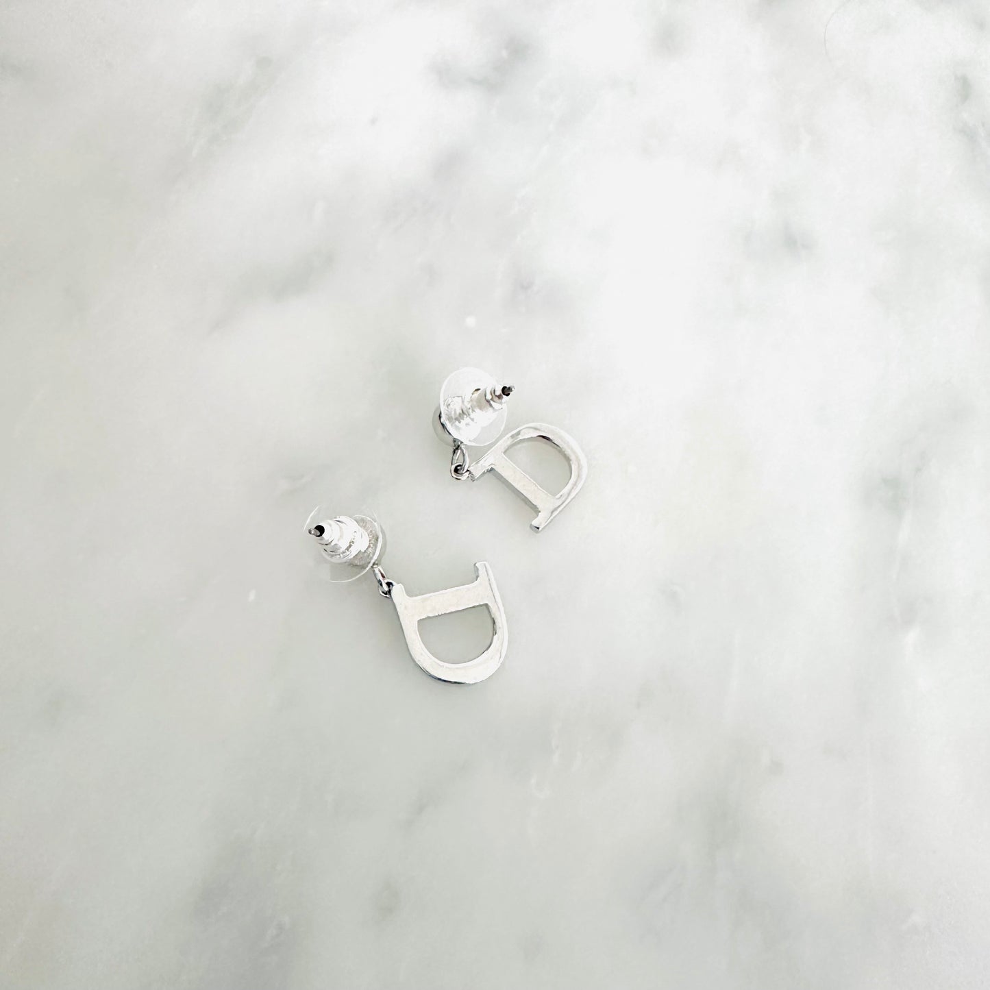 Christian Dior CD Silver Monogram Logo Dangling Stud Earrings