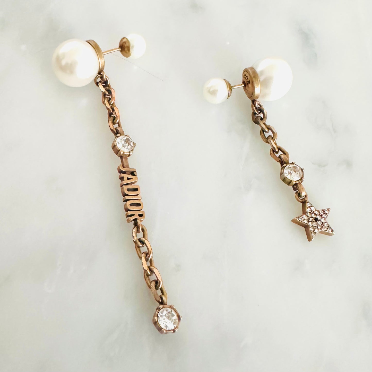 Christian Dior CD Jadior Crystals & Monogram Logo Signature Giant Dangling Aged Gold Stud Earrings