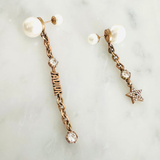 Christian Dior CD Jadior Crystals & Monogram Logo Signature Giant Dangling Aged Gold Stud Earrings