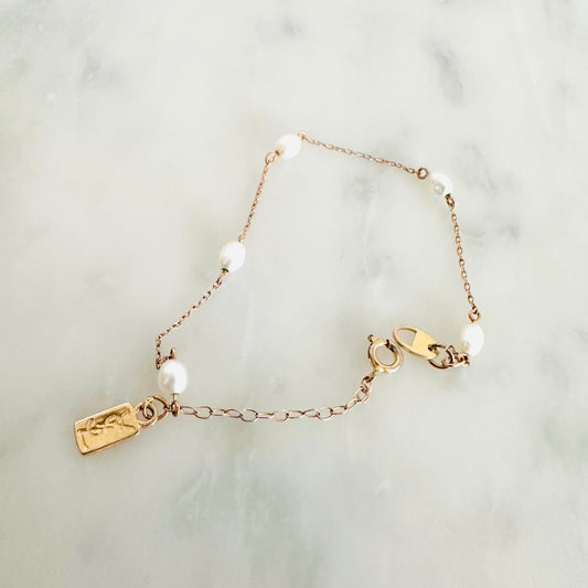 YSL Yves Saint Laurent Pearls & Gold Monogram Logo Pendant Chain Bracelet