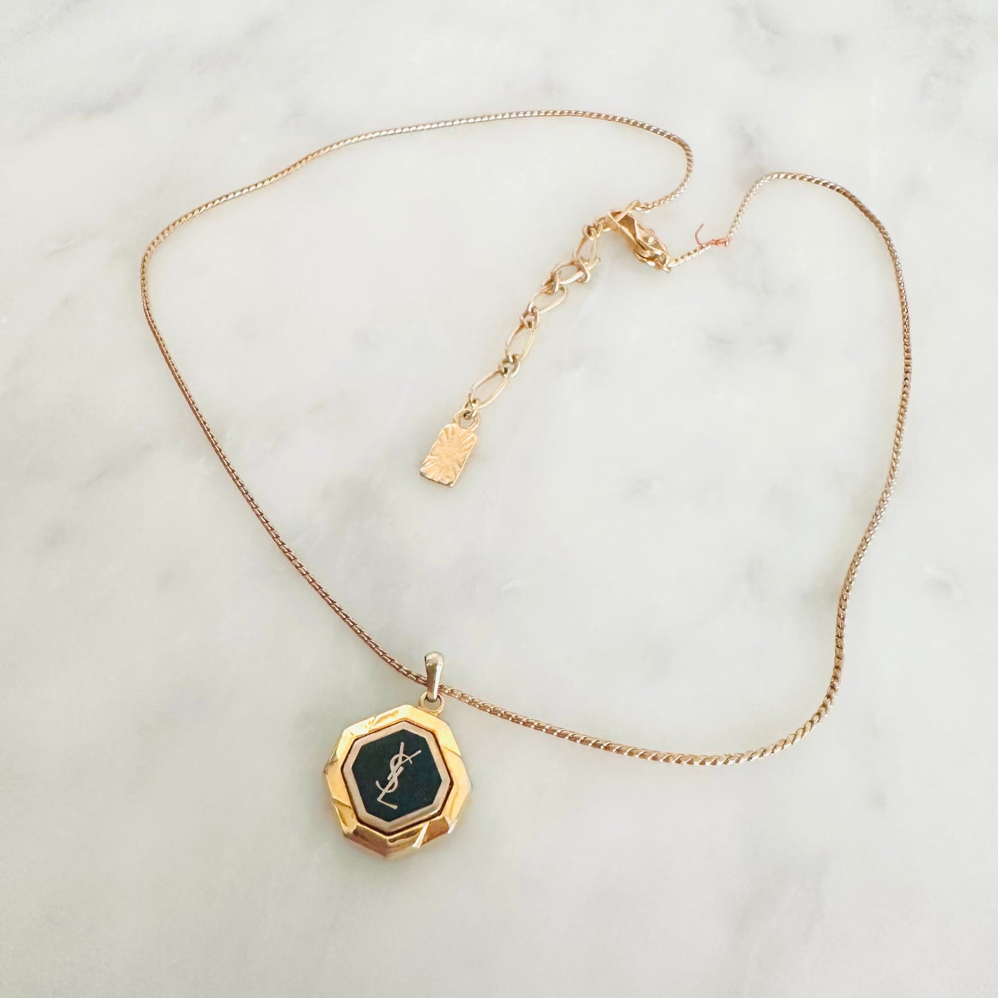 YSL Yves Saint Laurent Black & Gold Monogram Logo Pendant Chain Necklace