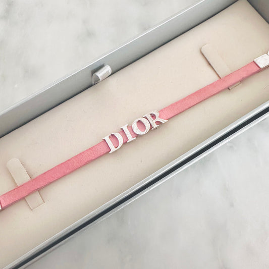 Christian Dior CD Pink Leather Silver Monogram Logo Charms Bracelet