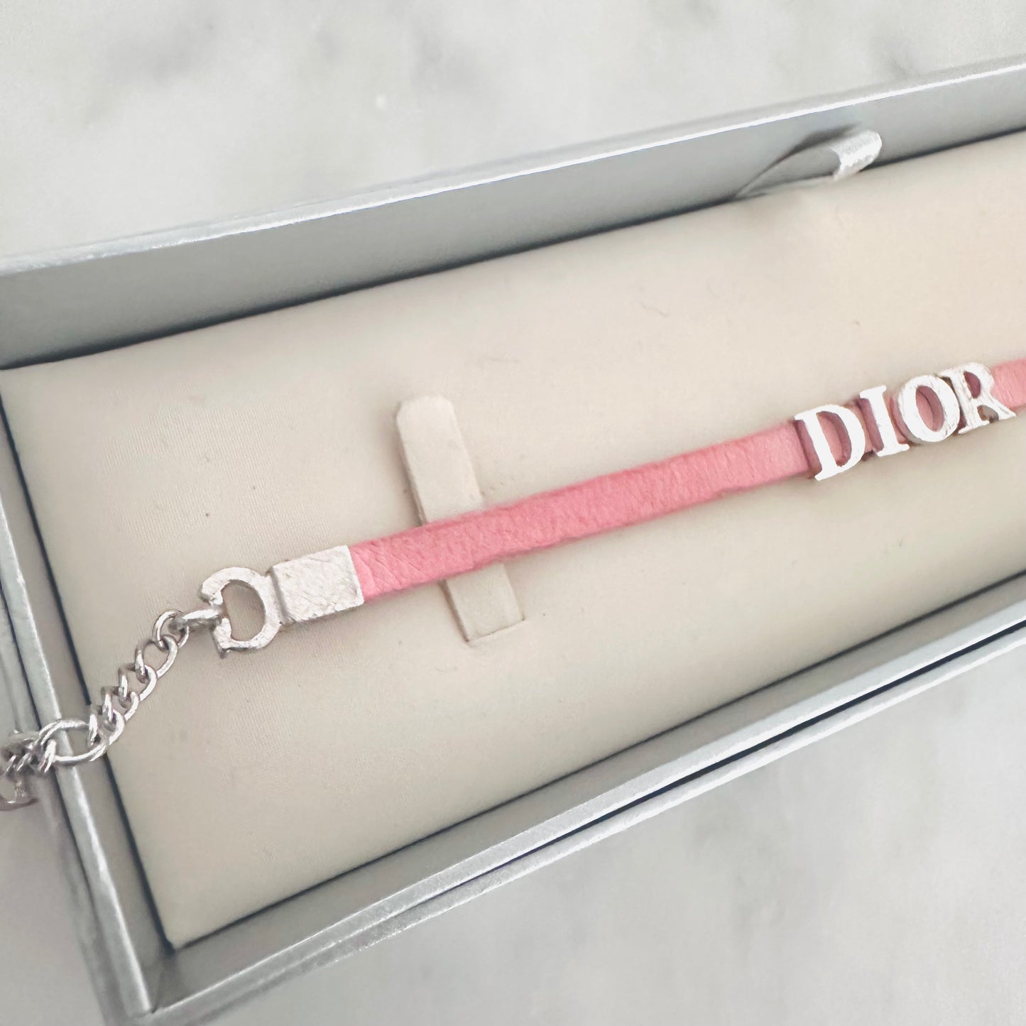 Christian Dior CD Pink Leather Silver Monogram Logo Charms Bracelet