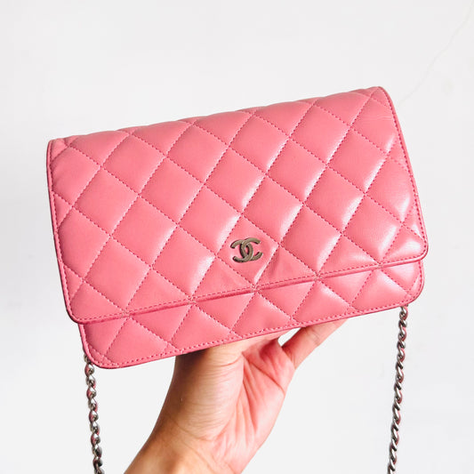 Chanel Bubblegum Pink WOC Classic Flap Quilted Lambskin CC Logo Wallet On Chain Shoulder Sling Bag 16s