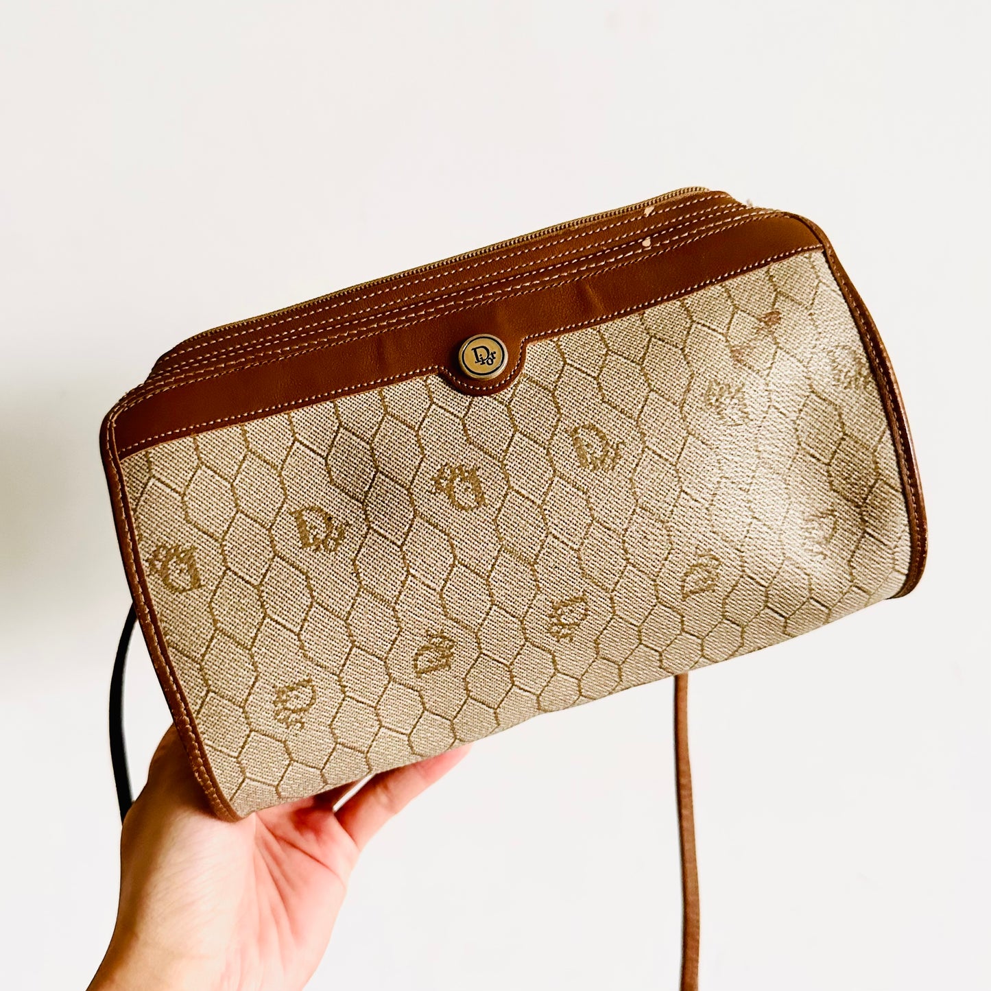 Christian Dior CD Beige Honeycomb GHW Oblique Monogram Logo Roller Zip Shoulder Sling Bag