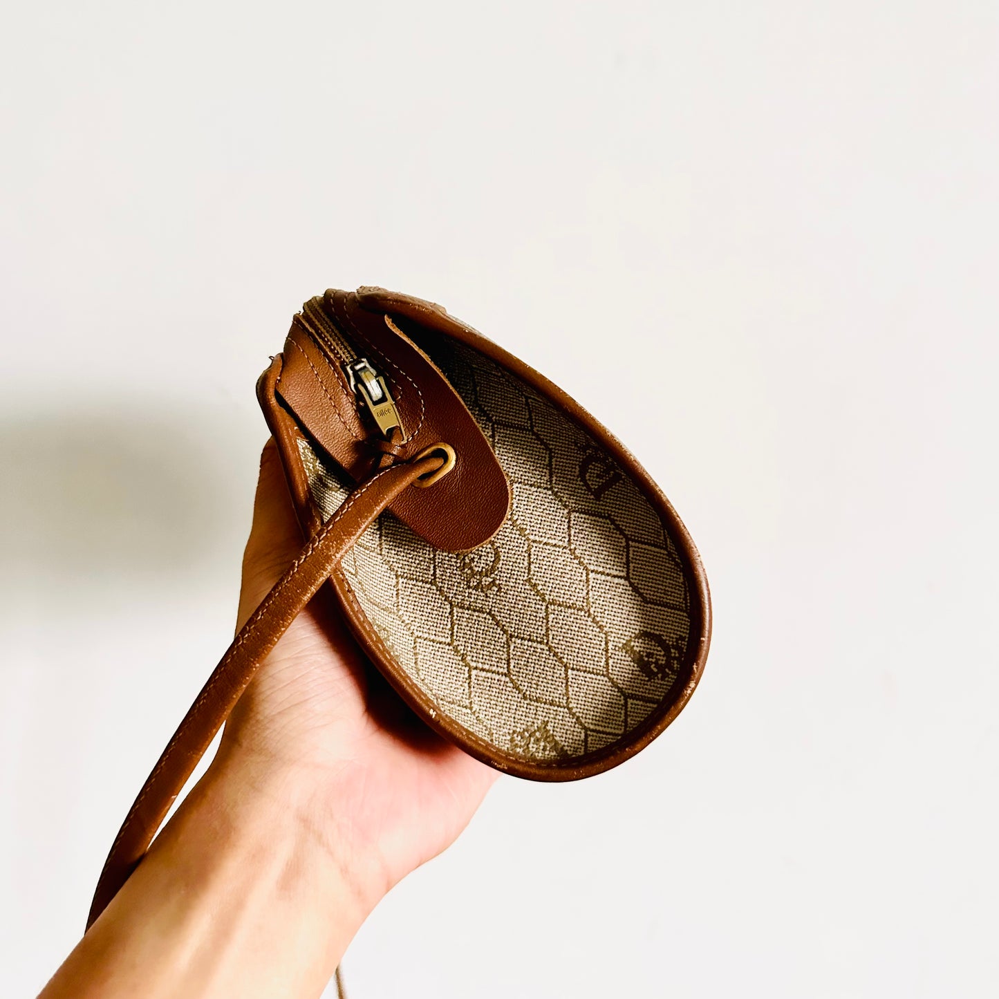 Christian Dior CD Beige Honeycomb GHW Oblique Monogram Logo Roller Zip Shoulder Sling Bag