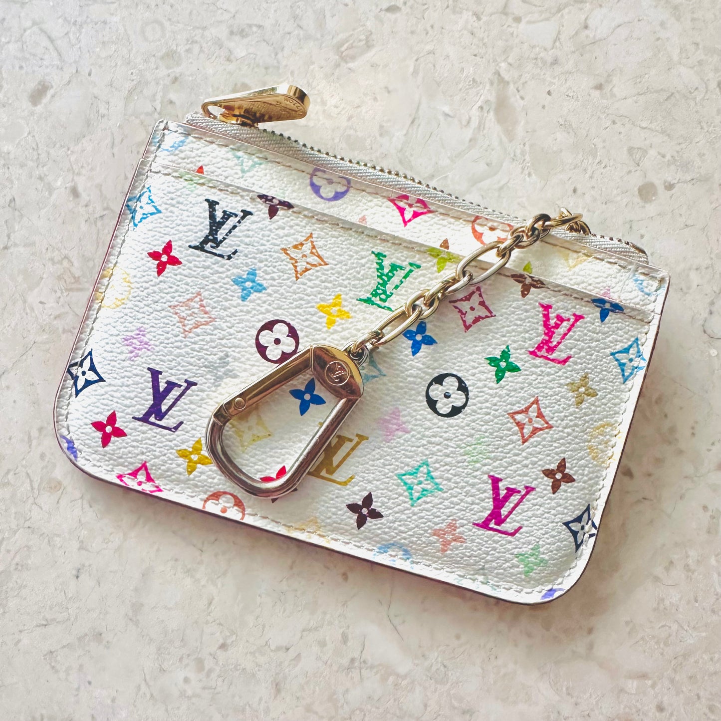 Louis Vuitton LV Murakami White Multicolour Rainbow Monogram Logo GHW Compact Zip Pochette Purse Pouch Key Cles