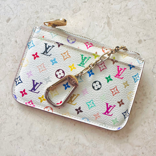 Louis Vuitton LV Murakami White Multicolour Rainbow Monogram Logo GHW Compact Zip Pochette Purse Pouch Key Cles