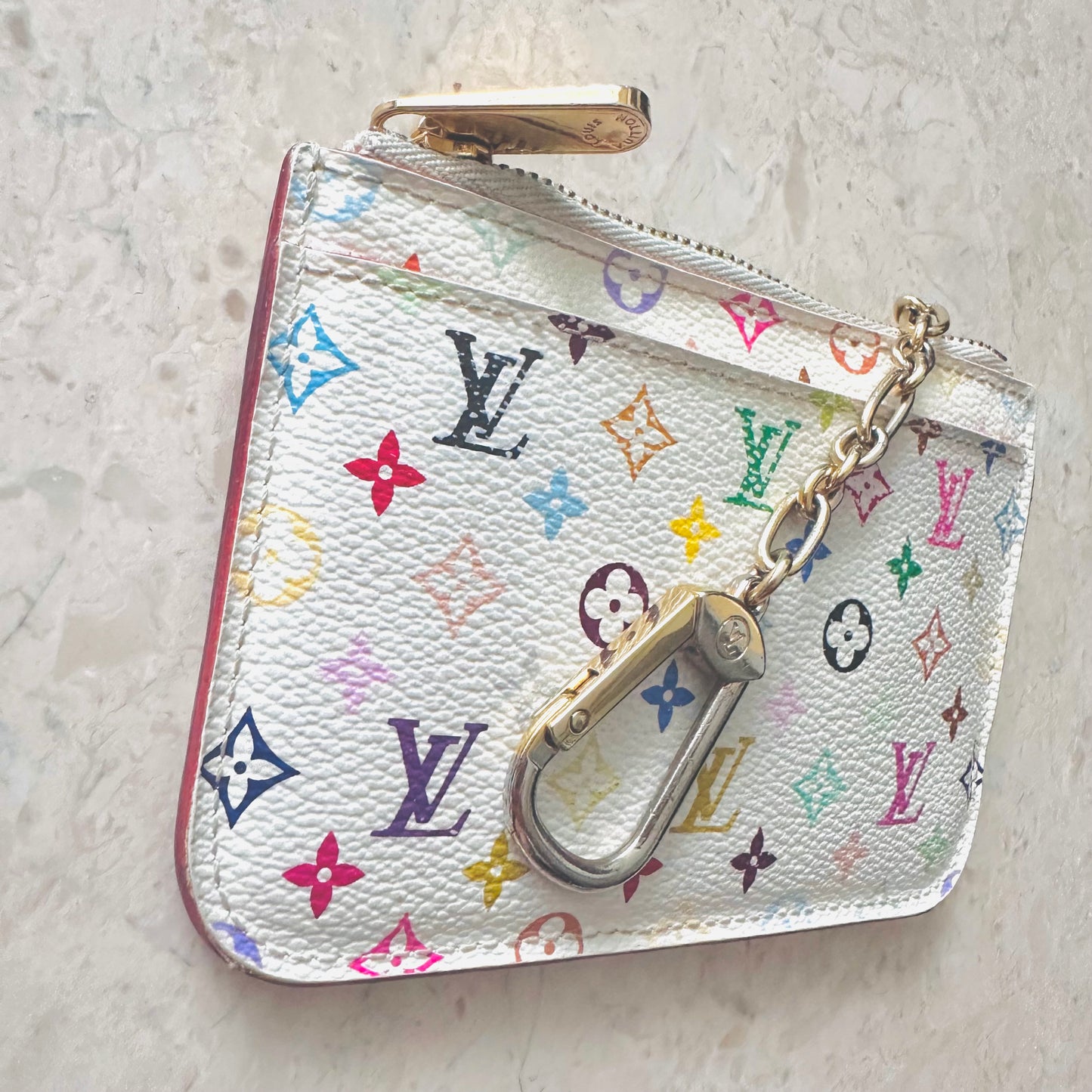 Louis Vuitton LV Murakami White Multicolour Rainbow Monogram Logo GHW Compact Zip Pochette Purse Pouch Key Cles