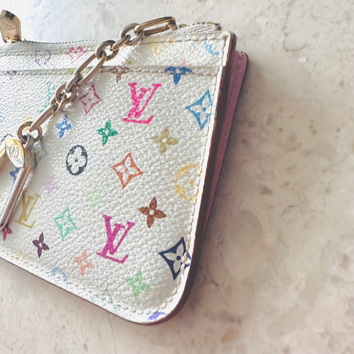 Louis Vuitton LV Murakami White Multicolour Rainbow Monogram Logo GHW Compact Zip Pochette Purse Pouch Key Cles