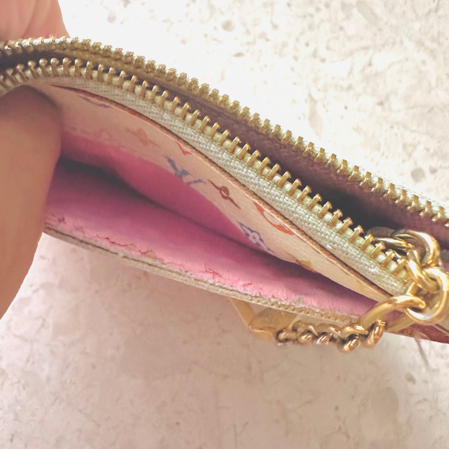 Louis Vuitton LV Murakami White Multicolour Rainbow Monogram Logo GHW Compact Zip Pochette Purse Pouch Key Cles