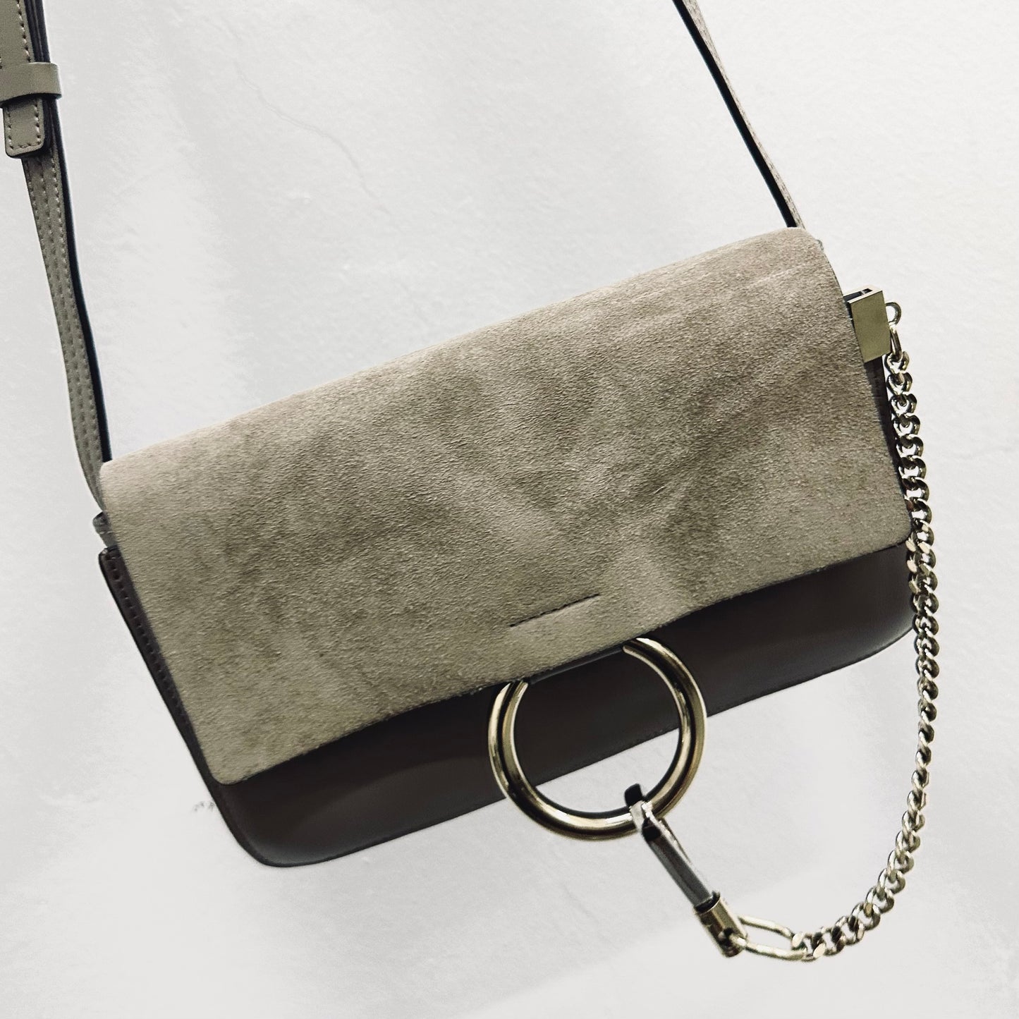 Chloe Faye Grey / Gray GHW Classic Leather & Suede Flap Shoulder Sling Bag