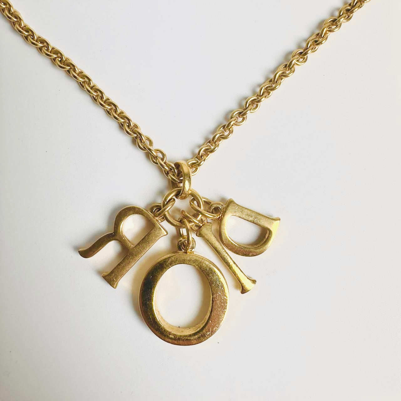 Christian Dior CD Gold & Crystals Giant Monogram Logo Charms Vintage Pendant Necklace