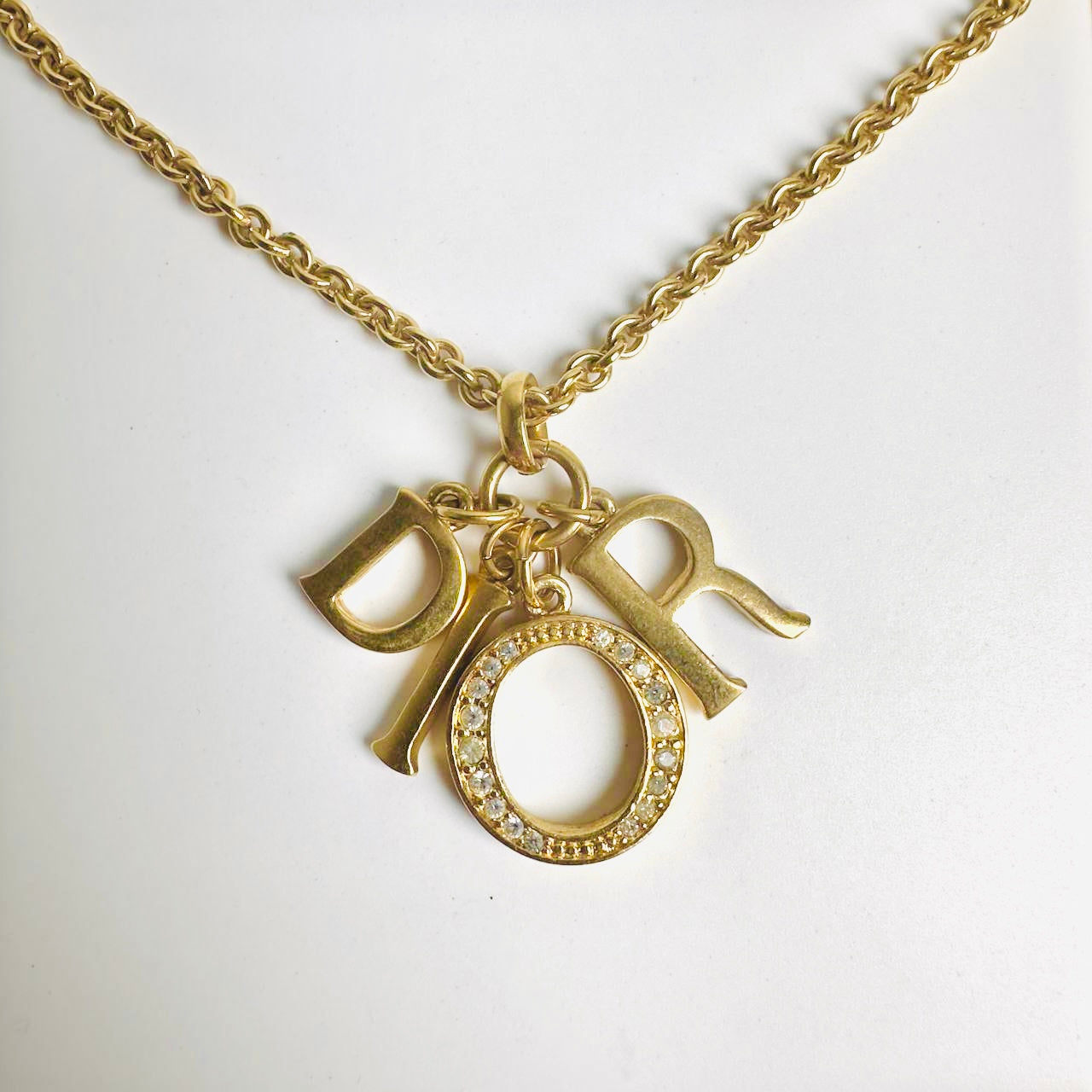 Christian Dior CD Gold & Crystals Giant Monogram Logo Charms Vintage Pendant Necklace