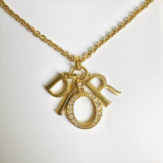 Christian Dior CD Gold & Crystals Giant Monogram Logo Charms Vintage Pendant Necklace