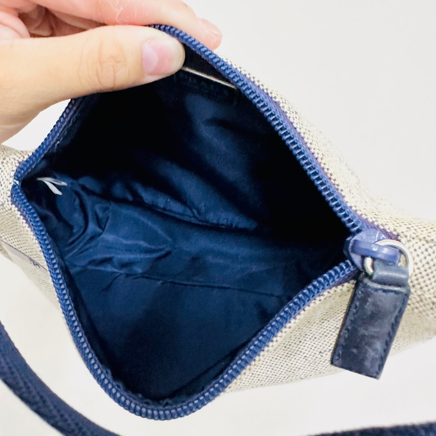 Prada Grey / Navy Blue Tessuto Sport Classic Monogram Logo Nylon Hobo Pochette Baguette Shoulder Bag