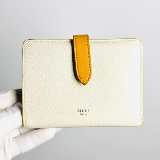 Celine White / Tan GHW Grained Calfskin Leather Logo Medium Strap Compact Bifold Wallet