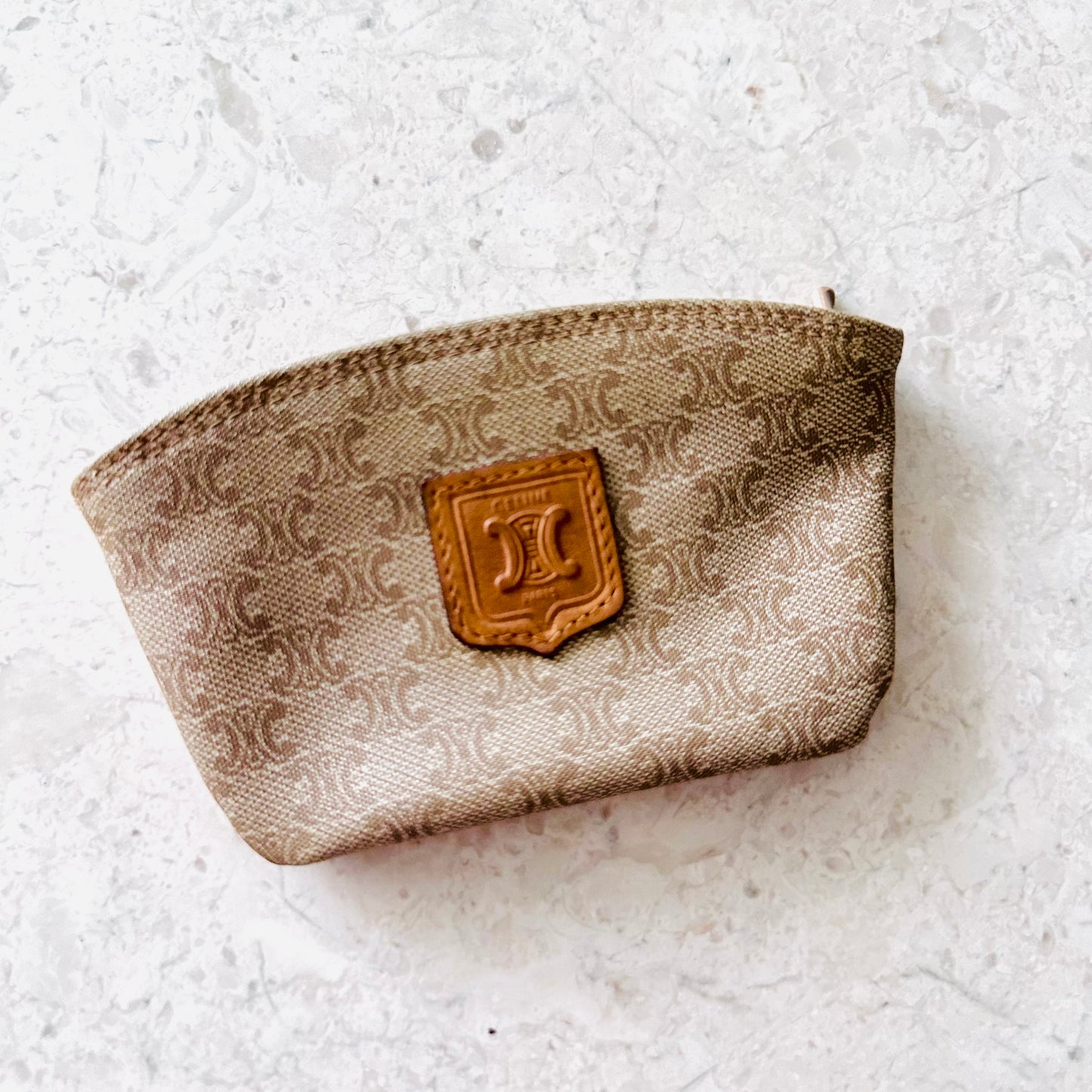Celine Beige Triomphe Macadam Monogram Logo Zip Coin Purse Pouch