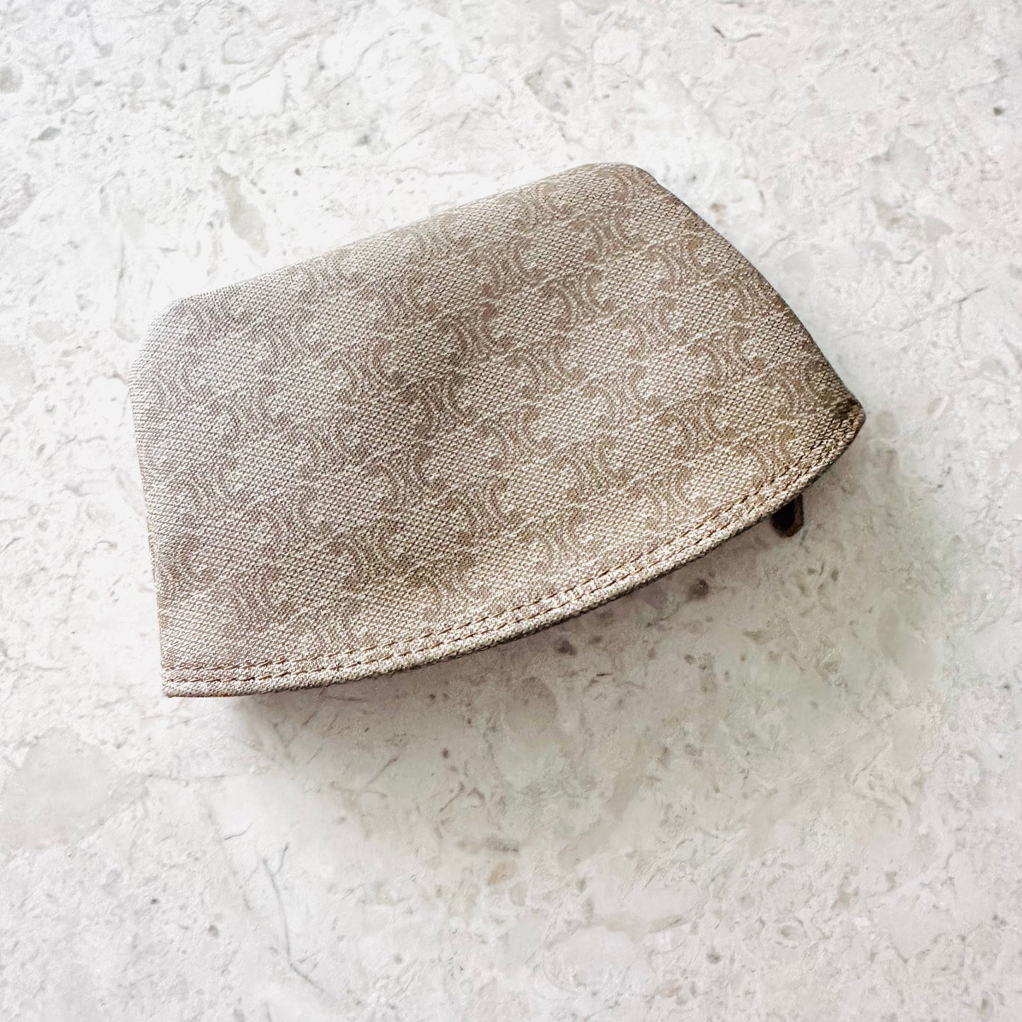 Celine Beige Triomphe Macadam Monogram Logo Zip Coin Purse Pouch