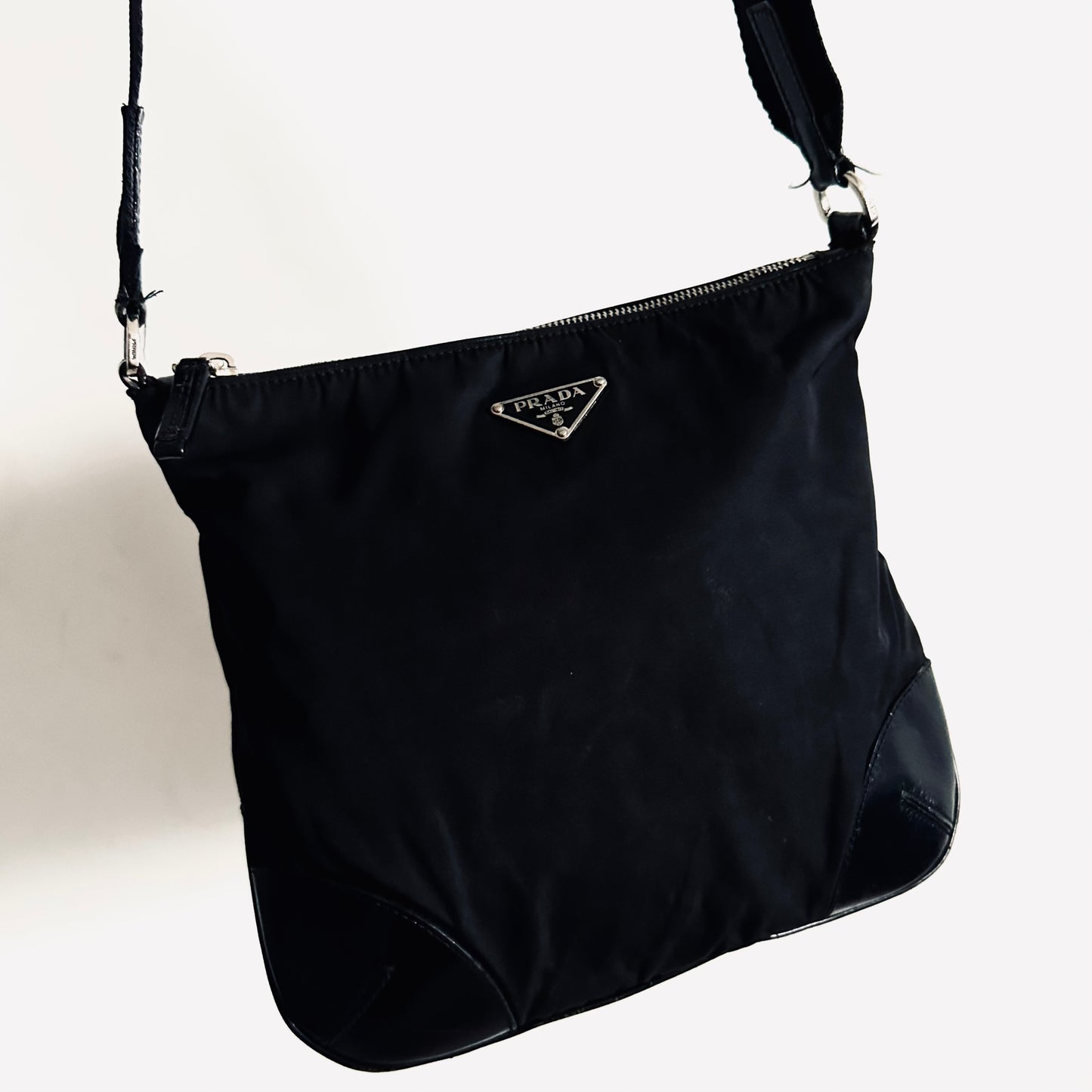 Prada Black Tessuto Classic Logo Nylon & Leather Small Hobo Shoulder Sling Bag