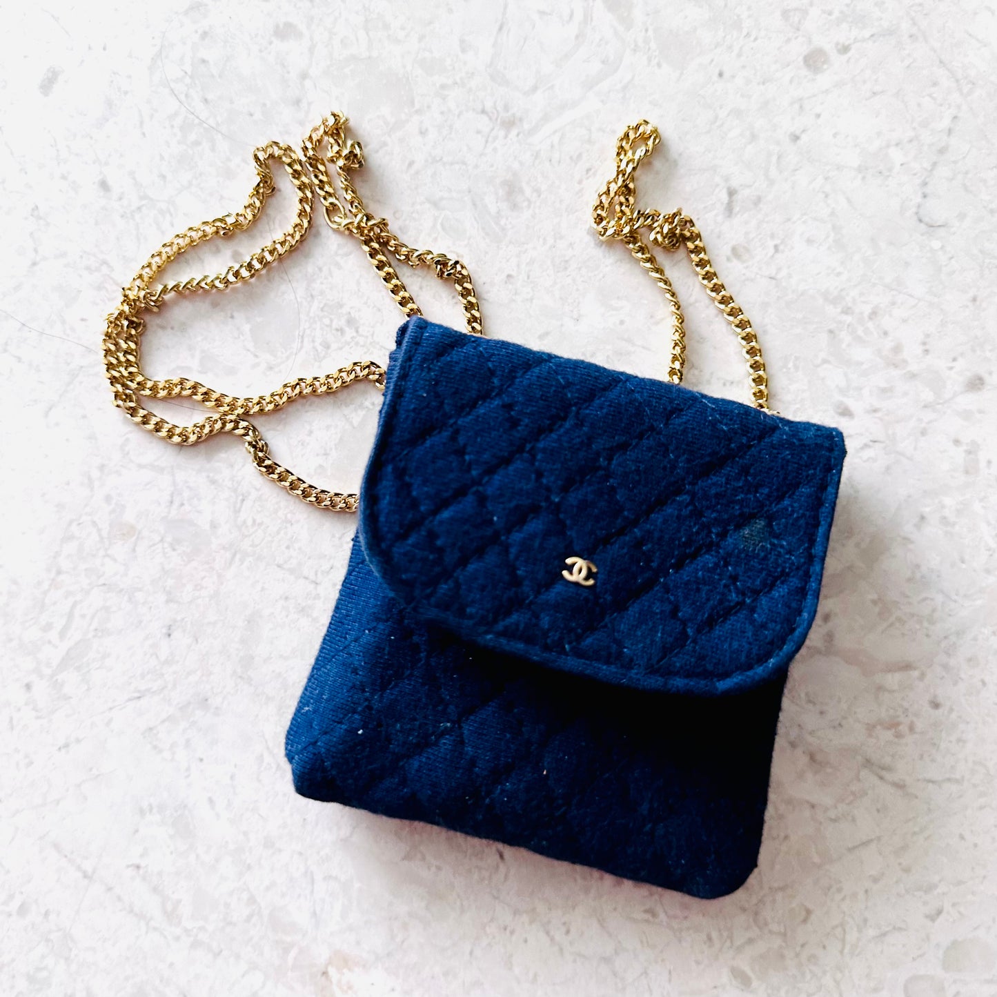 Chanel Navy Blue GHW Quilted Jersey Fabric CC Logo Vintage Flap Mini Shoulder Sling Bag