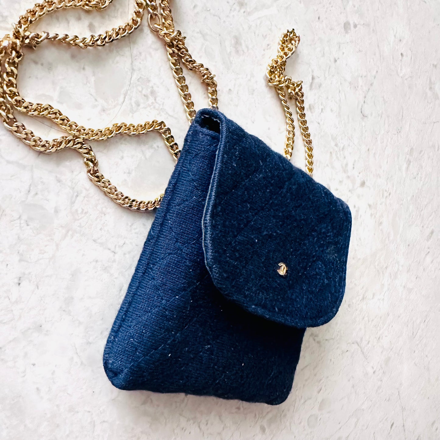Chanel Navy Blue GHW Quilted Jersey Fabric CC Logo Vintage Flap Mini Shoulder Sling Bag
