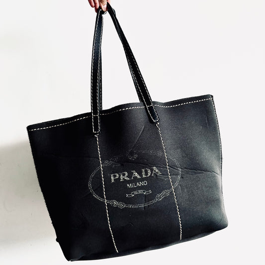 Prada Black Classic Monogram Logo Wide Shopper Shoulder Tote Bag