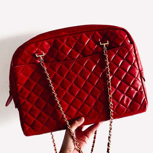 Chanel Cherry Red GHW Giant CC Logo Quilted Lambskin Vintage Shoulder Sling Tote Bag 1s