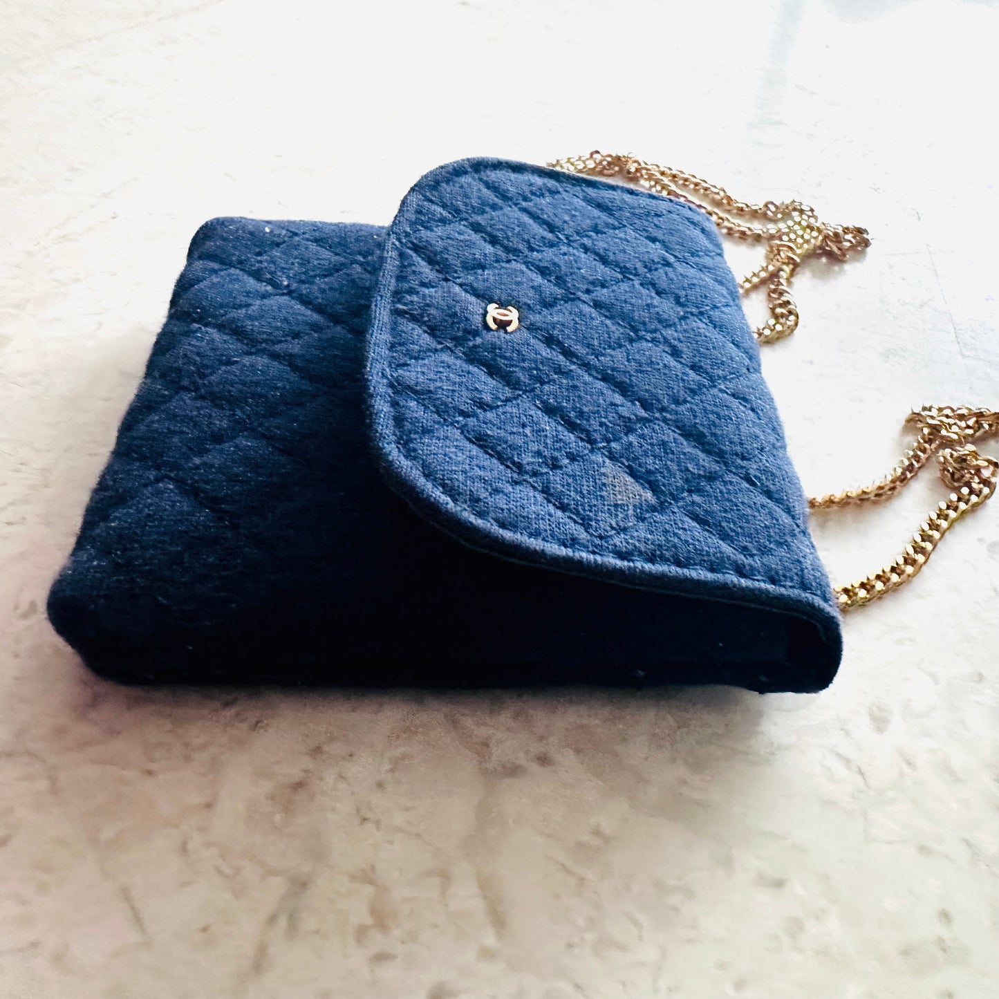 Chanel Navy Blue GHW Quilted Jersey Fabric CC Logo Vintage Flap Mini Shoulder Sling Bag