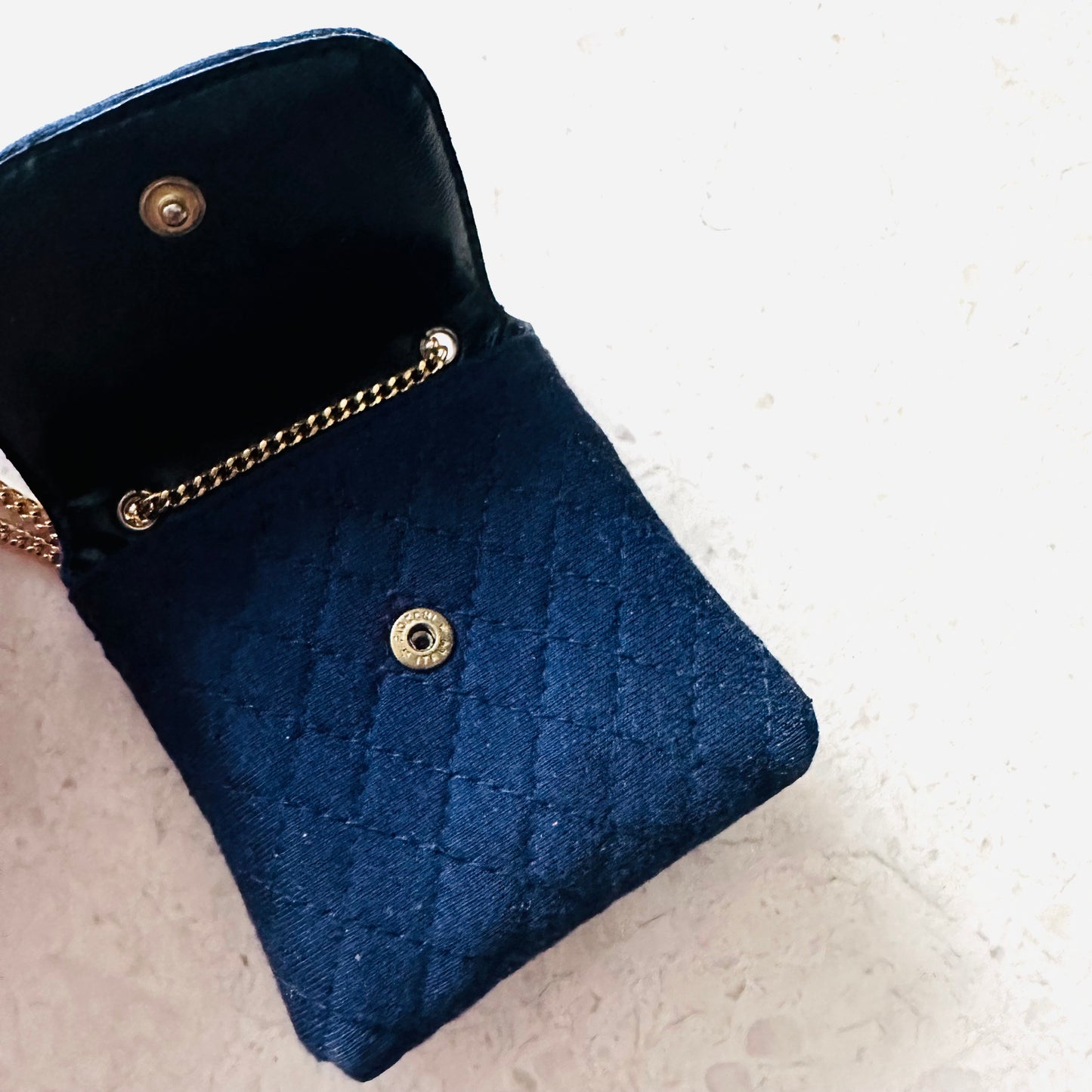 Chanel Navy Blue GHW Quilted Jersey Fabric CC Logo Vintage Flap Mini Shoulder Sling Bag