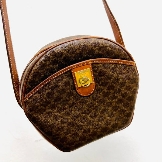 Celine Brown Triomphe Macadam Monogram Logo Small Round Vintage Shoulder Sling Bag