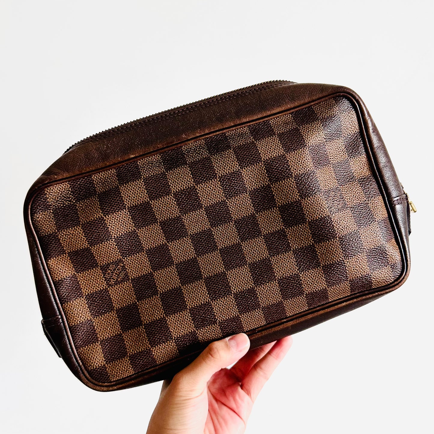 Louis Vuitton LV Trousse Damier Ebene Monogram Logo GHW Toiletry Pouch Clutch